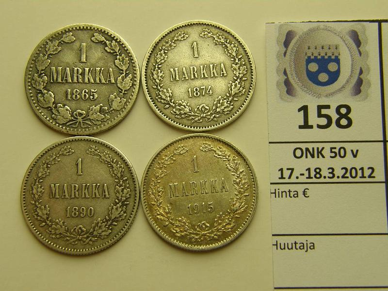 k-0158-a.jpg - Kohde 158, lhthinta: 25 € / myyntihinta: 34 € 1 mk Er (4) Ag, 1865, 74, 90, 1915, kunto: 3-7