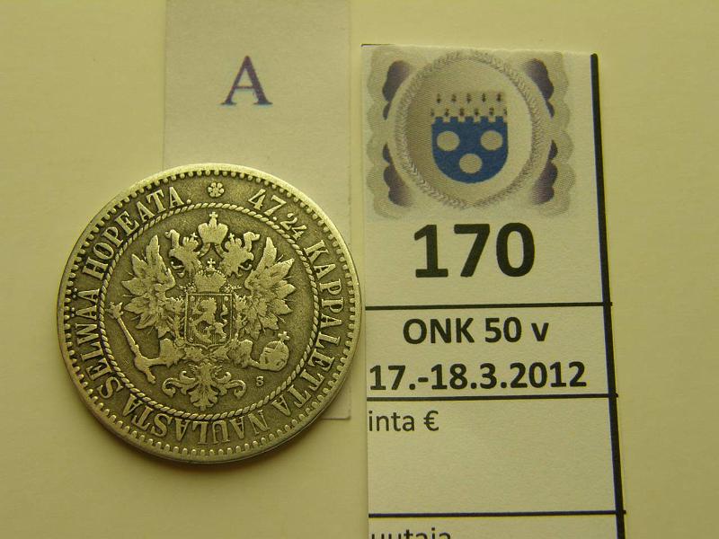 k-0170-a.jpg - Kohde 170 (kuva 1/2), lhthinta: 15 € / myyntihinta: 22 € 2 mk 1865 Ag, SNY 493.1, kunto: 4