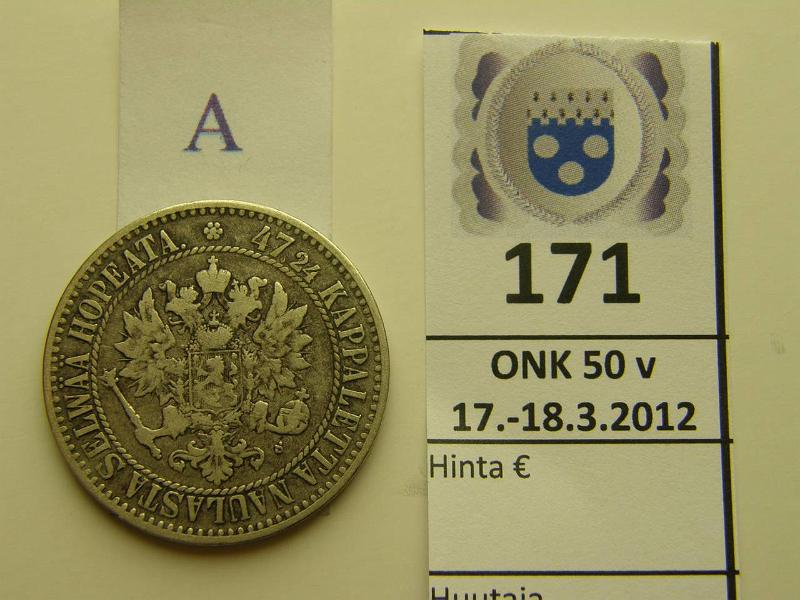 k-0171-a.jpg - Kohde 171 (kuva 1/2), lhthinta: 15 € / myyntihinta: 27 € 2 mk 1865 Ag, SNY 493.2, kunto: 4