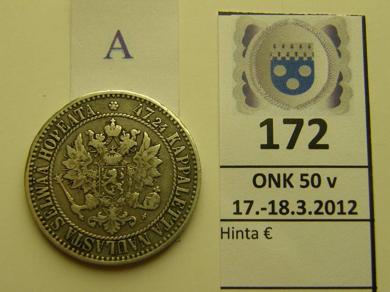 k-0172-a.jpg - Kohde 172 (kuva 1/2), lhthinta: 15 € / myyntihinta: 26 € 2 mk 1865 Ag, SNY 493.2 prvja, kunto: 4