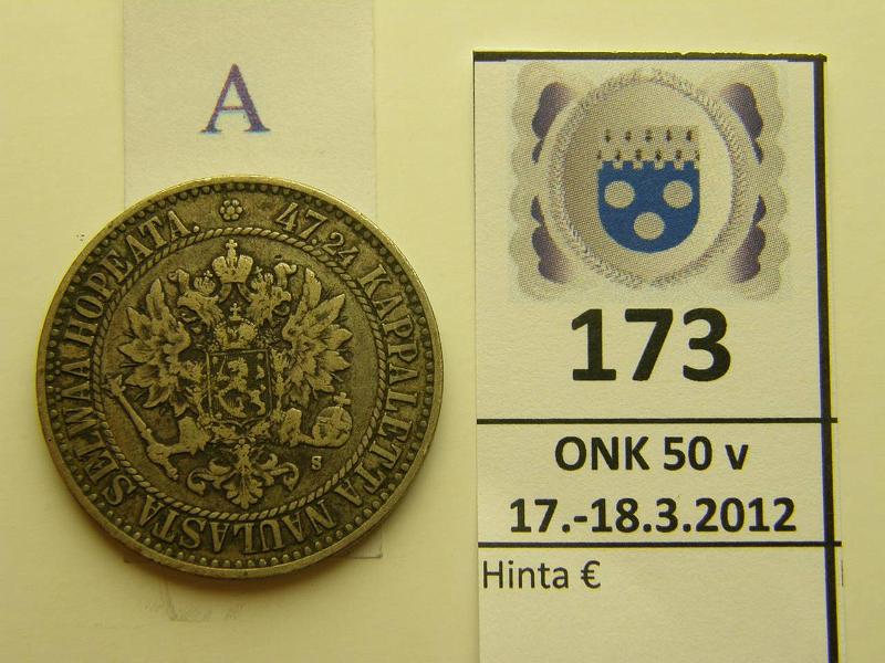 k-0173-a.jpg - Kohde 173 (kuva 1/2), lhthinta: 15 € / myyntihinta: 27 € 2 mk 1865 Ag, SNY 493.2, kunto: 4/5