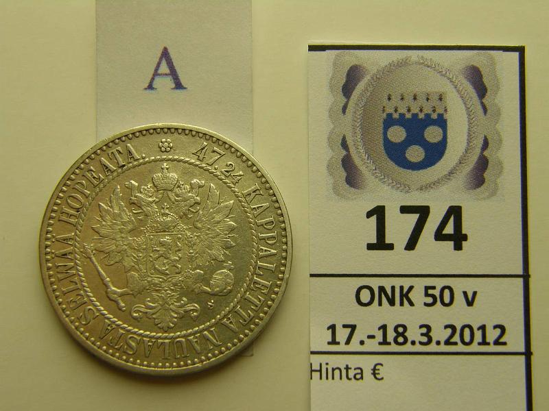 k-0174-a.jpg - Kohde 174 (kuva 1/2), lhthinta: 15 € / myyntihinta: 38 € 2 mk 1865 Ag, SNY 493.2 l.puhd, eprv, kunto: 6