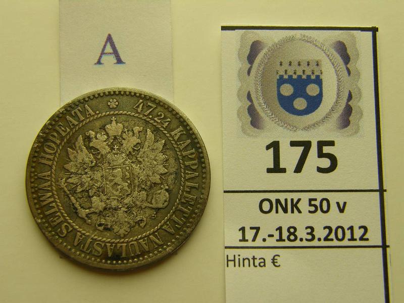 k-0175-a.jpg - Kohde 175 (kuva 1/2), lhthinta: 15 € / myyntihinta: 17 € 2 mk 1866 Ag, SNY 494.1 (6 yli 5) hnja, puhd, kunto: 4/3