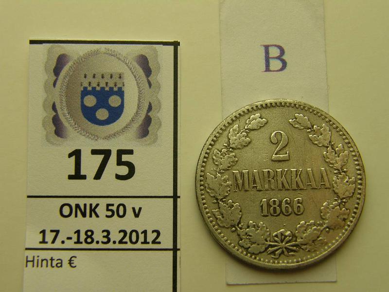 k-0175-b.jpg - Kohde 175 (kuva 2/2), lhthinta: 15 € / myyntihinta: 17 € 2 mk 1866 Ag, SNY 494.1 (6 yli 5) hnja, puhd, kunto: 4/3