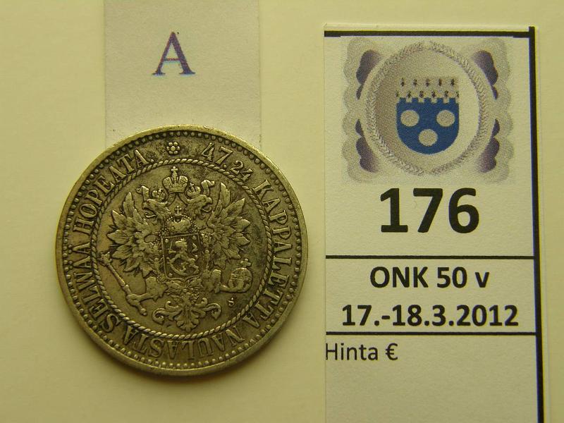 k-0176-a.jpg - Kohde 176 (kuva 1/2), lhthinta: 15 € / myyntihinta: 36 € 2 mk 1866 Ag, SNY 494.1 (6 yli 5), kunto: 5