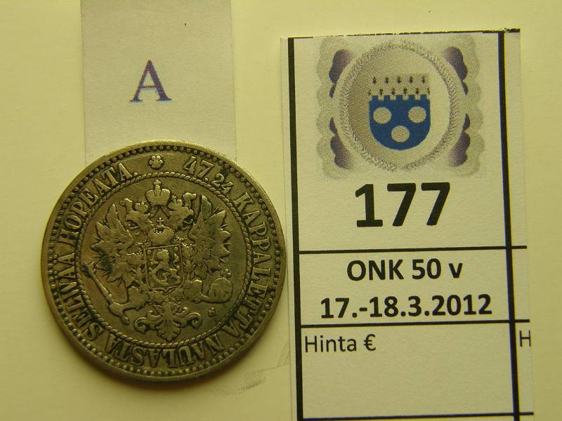 k-0177-a.jpg - Kohde 177 (kuva 1/2), lhthinta: 20 € 2 mk 1866 Ag, SNY 494.2 (norm. 6) hnja KOHDE POISTETTU!, kunto: 4