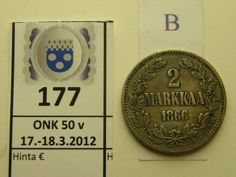 k-0177-b.jpg - Kohde 177 (kuva 2/2), lhthinta: 20 € 2 mk 1866 Ag, SNY 494.2 (norm. 6) hnja KOHDE POISTETTU!, kunto: 4