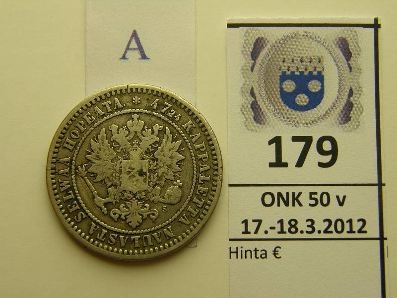 k-0179-a.jpg - Kohde 179 (kuva 1/2), lhthinta: 15 € / myyntihinta: 15 € 2 mk 1870 Ag, eprv, kunto: 4