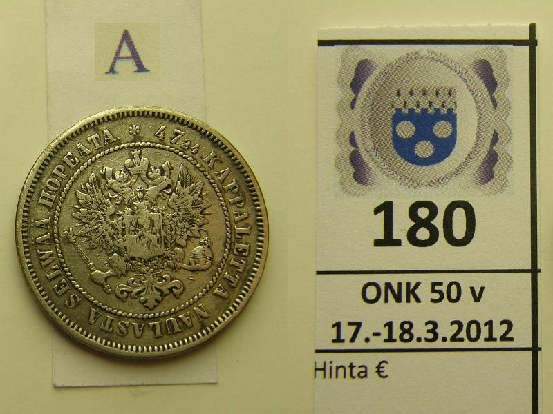 k-0180-a.jpg - Kohde 180 (kuva 1/2), lhthinta: 15 € / myyntihinta: 15 € 2 mk 1872 Ag, kunto: 3