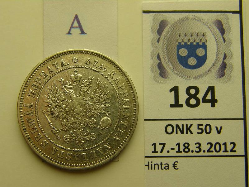 k-0184-a.jpg - Kohde 184 (kuva 1/2), lhthinta: 15 € / myyntihinta: 32 € 2 mk 1874 Ag, l.puhd, kunto: 5/6