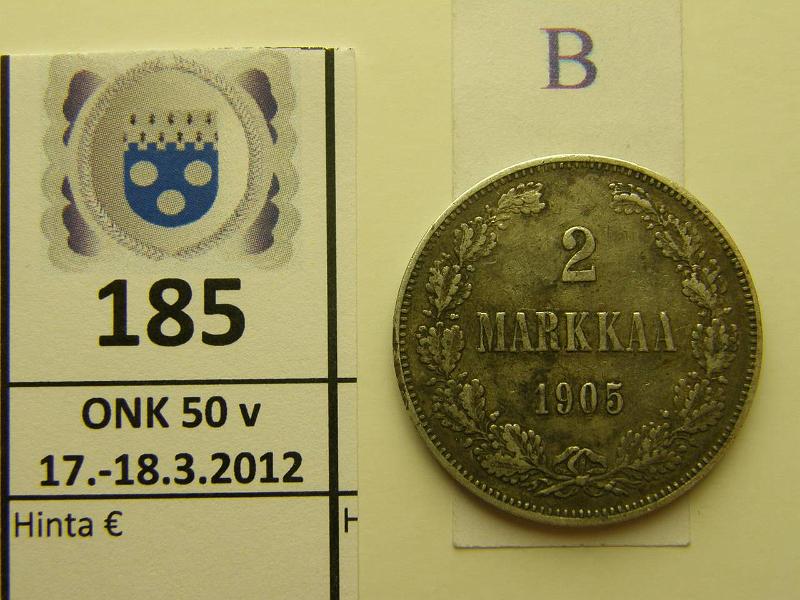 k-0185-b.jpg - Kohde 185 (kuva 2/2), lhthinta: 200 € / myyntihinta: 260 € 2 mk 1905 Ag, rvja, kunto: 5