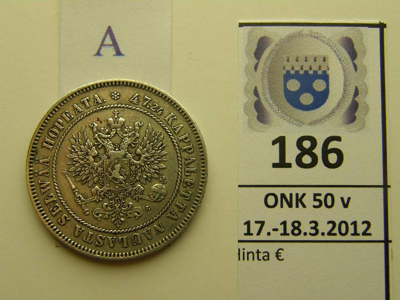 k-0186-a.jpg - Kohde 186 (kuva 1/2), lhthinta: 200 € / myyntihinta: 275 € 2 mk 1905 Ag, pij, eprv, puhd., kunto: 5