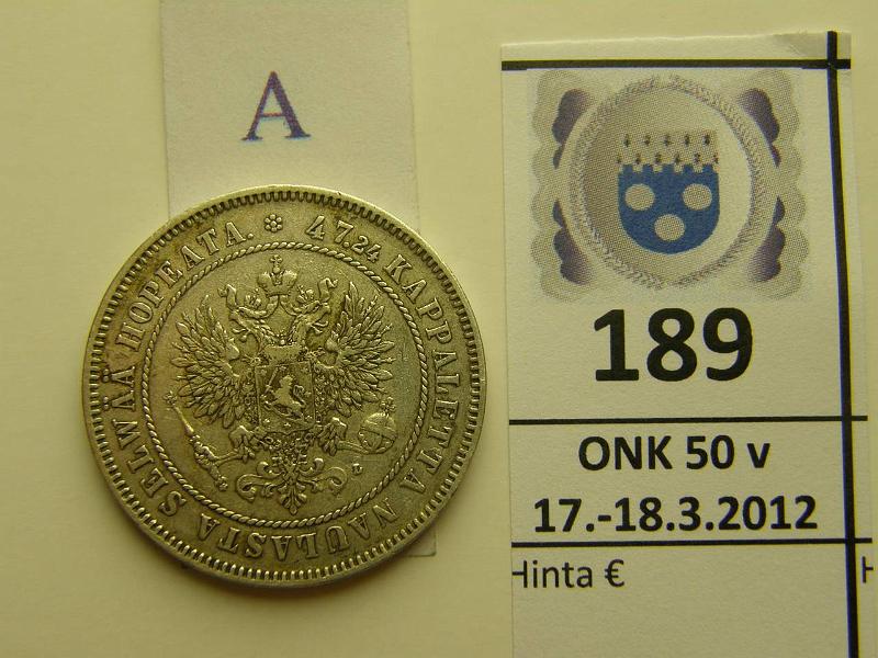 k-0189-a.jpg - Kohde 189 (kuva 1/2), lhthinta: 15 € / myyntihinta: 20 € 2 mk 1906 Ag, SNY 500.2 (lyhyt /), eprv, kunto: 5/4