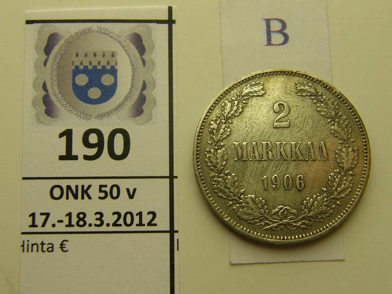 k-0190-b.jpg - Kohde 190 (kuva 2/2), lhthinta: 15 € / myyntihinta: 20 € 2 mk 1906 Ag, SNY 500.2 (lyhyt /), hnja, kunto: 5/4