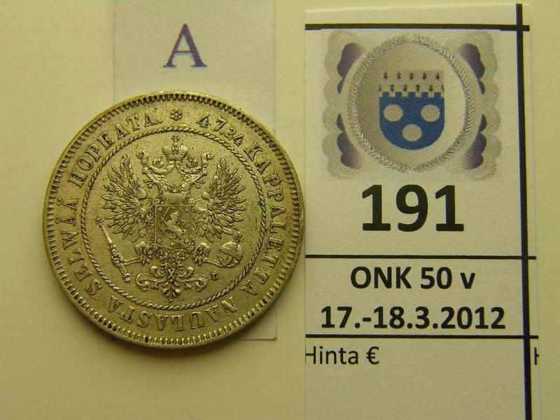 k-0191-a.jpg - Kohde 191 (kuva 1/2), lhthinta: 15 € / myyntihinta: 34 € 2 mk 1907 Ag, pij, likaa, hnja, kunto: 6