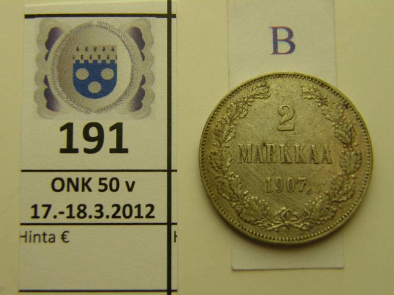 k-0191-b.jpg - Kohde 191 (kuva 2/2), lhthinta: 15 € / myyntihinta: 34 € 2 mk 1907 Ag, pij, likaa, hnja, kunto: 6