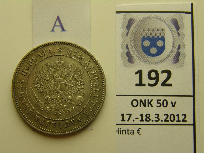 k-0192-a.jpg - Kohde 192 (kuva 1/2), lhthinta: 15 € / myyntihinta: 32 € 2 mk 1908 Ag, kunto: 6