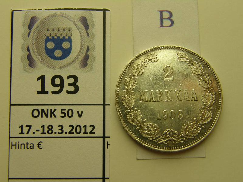 k-0193-b.jpg - Kohde 193 (kuva 2/2), lhthinta: 45 € / myyntihinta: 72 € 2 mk 1908 Ag, hnja, leimakiiltoinen, kaunis!, kunto: 8