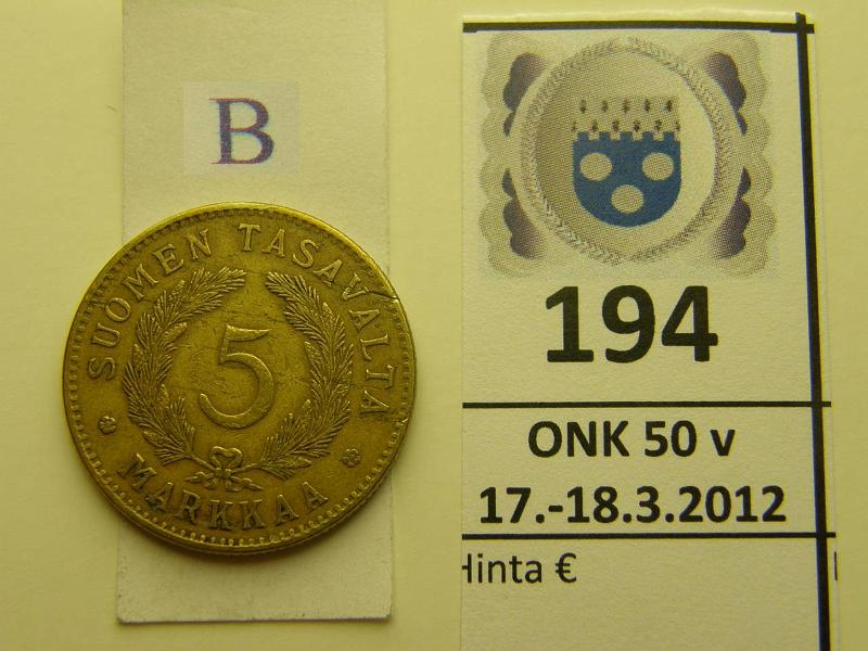 k-0194-b.jpg - Kohde 194 (kuva 2/2), lhthinta: 50 € / myyntihinta: 66 € 5 mk 1928 pmv, kunto: 5