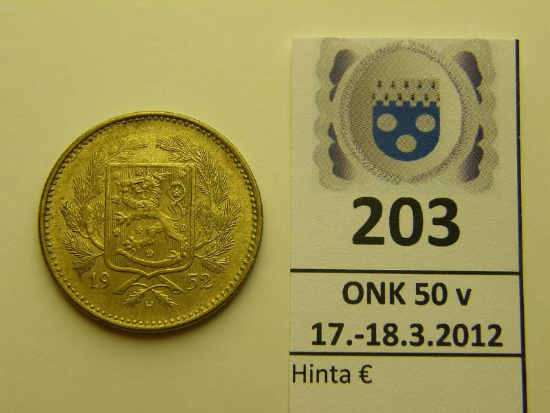 k-0203-a.jpg - Kohde 203, lhthinta: 10 € / myyntihinta: 22 € 5 mk 1952 SNY 523 leimakiiltoa, kunto: 7