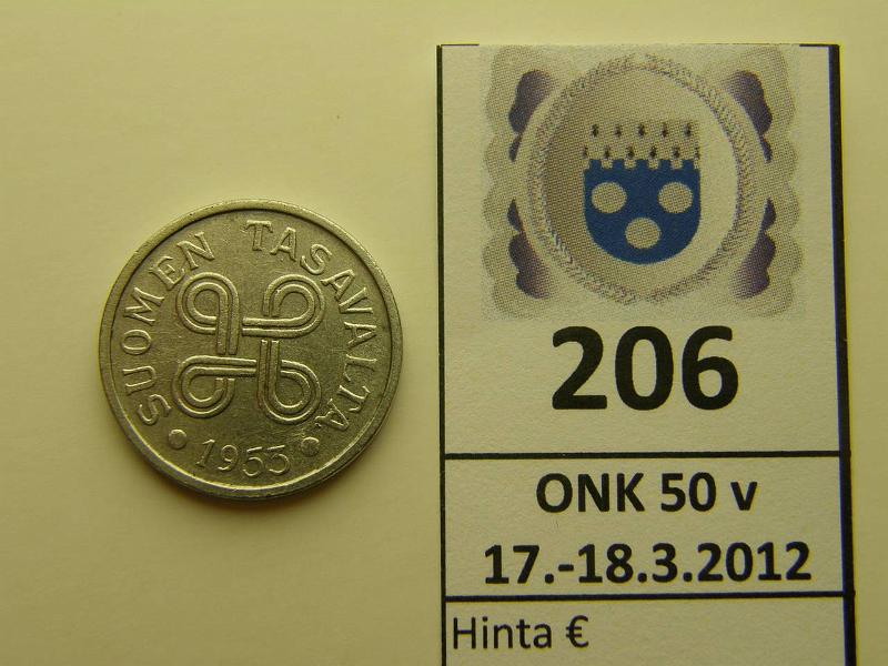 k-0206-a.jpg - Kohde 206, lhthinta: 75 € / myyntihinta: 165 € 5 mk 1953 SNY 526 FeNi, raha mallia 1953-62, ep.ij, rtg-fluorometrilla analysoituna rahan Fe/Ni suhde on 86/14, kunto: 6