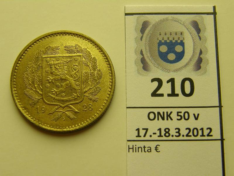 k-0210-a.jpg - Kohde 210, lhthinta: 100 € / myyntihinta: 160 € 10 mk 1928 leimakiiltoinen, kunto: 8