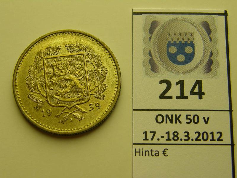 k-0214-a.jpg - Kohde 214, lhthinta: 30 € / myyntihinta: 44 € 10 mk 1939 leimakiiltoa, kunto: 8