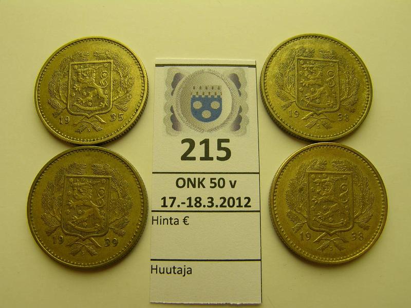 k-0215-a.jpg - Kohde 215, lhthinta: 5 € / myyntihinta: 7 € 10 mk Er (4) 1935, 1938(2), 1939, kunto: 4-6