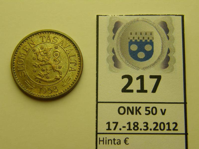 k-0217-a.jpg - Kohde 217, lhthinta: 7 € / myyntihinta: 7 € 10 mk 1958 SNY 591.1 kapea 1, leimakiiltoa, kunto: 6