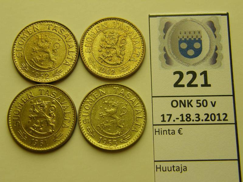 k-0221-a.jpg - Kohde 221, lhthinta: 10 € / myyntihinta: 19 € 10 mk Er (4) 1952, 53, 61(kapea 1), 62, leimakiiltoiset, kunto: 7-9