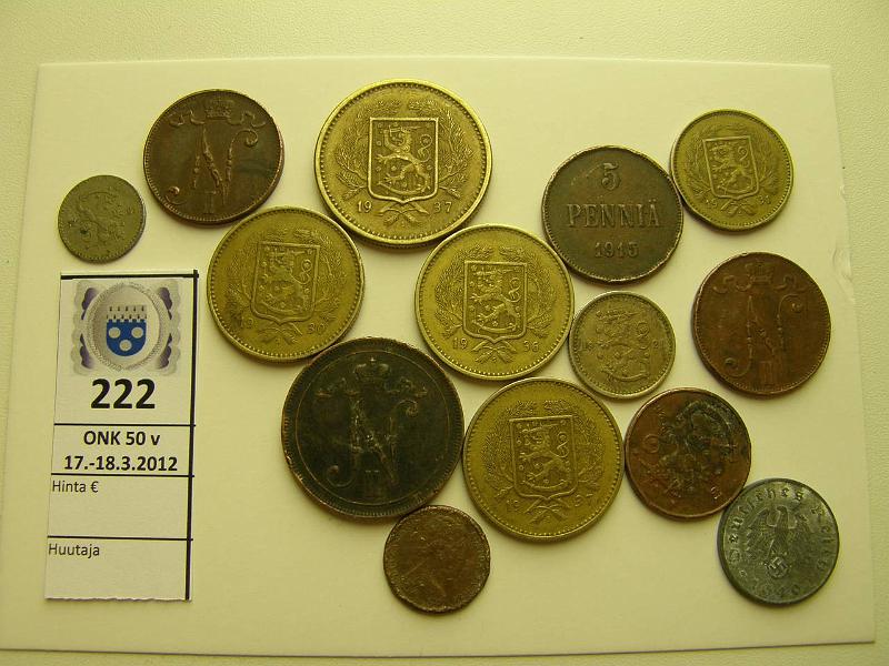 k-0222-a.jpg - Kohde 222, lhthinta: 5 €  Er (14) 5p 1915(2), 16, 21, 26; 10p 1910; 25p 1926; 5mk 1931; 10mk 1930, 36, 37; 20mk 1937, Natsi-Saksa 5pf 1940, viallinen Australian raha, osassa vikoja, kunto: 3-5