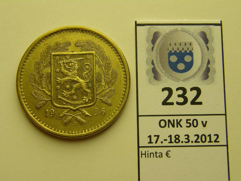 k-0232-a.jpg - Kohde 232, lhthinta: 50 € / myyntihinta: 50 € 20 mk 1936 , kunto: 7