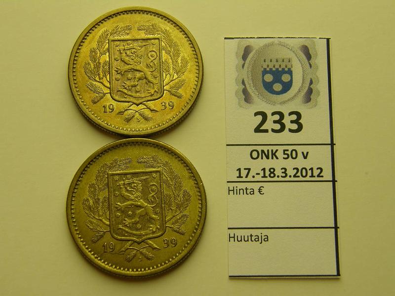 k-0233-a.jpg - Kohde 233, lhthinta: 25 € 20 mk 1939 (2) leimakiiltoa, toinen el.puhd, kunto: 7,8