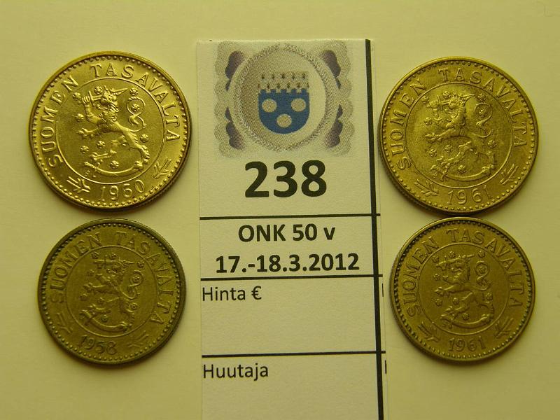 k-0238-a.jpg - Kohde 238, lhthinta: 5 € / myyntihinta: 13 €  Er 10+20mk (4) 10 mk 1958 (SNY 591.2), 61 (593.2); 20mk 1960, 61, kunto: 6-9