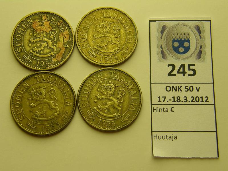 k-0245-a.jpg - Kohde 245, lhthinta: 5 € 50 mk Er (4) 1952 (pintavikaa), 53, 54, 55, kunto: 3-5