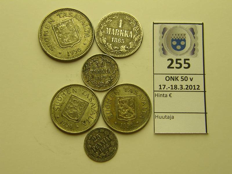 k-0255-a.jpg - Kohde 255, lhthinta: 15 € / myyntihinta: 21 €  Er (6) Ag, 25p 1866, 50p 1917, 1mk 1865, 100mk 1956, 58, 200mk 1956, kunto: 2-6