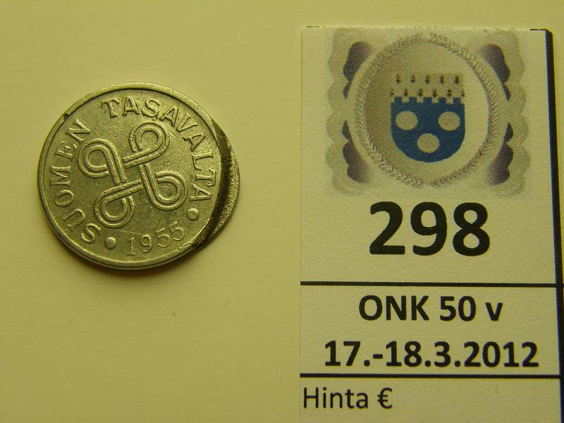 k-0298-a.jpg - Kohde 298, lhthinta: 5 € / myyntihinta: 5 € 5 mk 1955 reunassa laakea painanne, kunto: 5