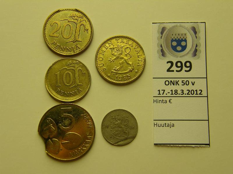 k-0299-a.jpg - Kohde 299, lhthinta: 20 € / myyntihinta: 20 € Er 25p-5mk (5) 1930-1993 25p 1930 puutosalue alh., 10p 1963 kuppil., 20p 1966, 85 ja 5mk 1993 vajaa aihio, kunto: 4-8