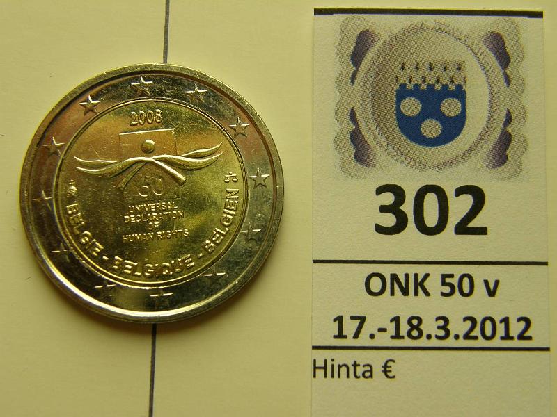 k-0302-a.jpg - Kohde 302, lhthinta: 5 € / myyntihinta: 23 € 2 € 2008 Belgia Ihmisoikeudet, meistin kiertym 10, kunto: 9