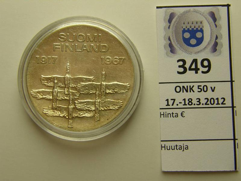 k-0349-a.jpg - Kohde 349, lhthinta: 10 € / myyntihinta: 15 € 10 mk 1967 Ag, itsenisyys 50 v, kunto: 7