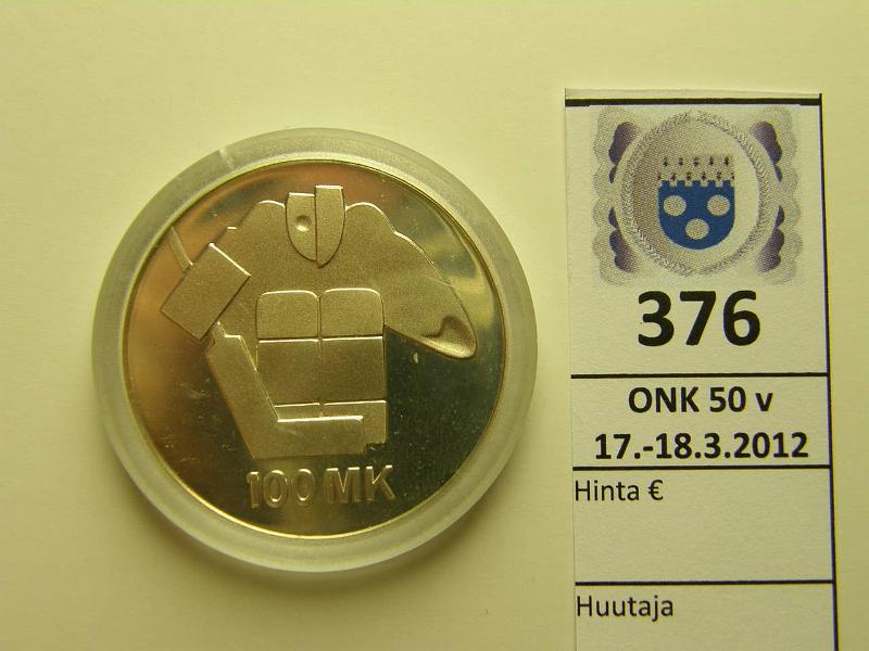 k-0376-a.jpg - Kohde 376, lhthinta: 16 € 100 mk 1991 Ag, jkiekon MM, kapseli, kunto: 9