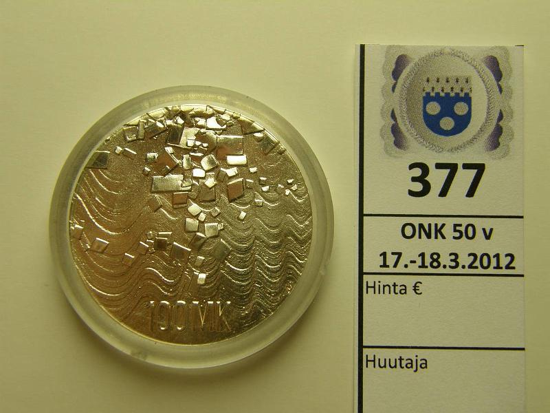 k-0377-a.jpg - Kohde 377, lhthinta: 16 € 100 mk 1992 Ag, itsen. 75v, kapseli, kunto: 9