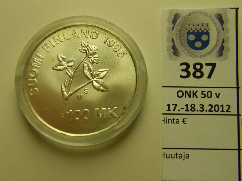 k-0387-a.jpg - Kohde 387, lhthinta: 16 € / myyntihinta: 16 € 100 mk 1995 Ag, AI Virtanen, kapselissa halkeama, kunto: 9