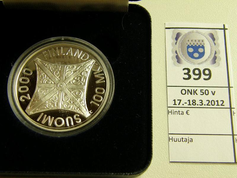 k-0399-a.jpg - Kohde 399, lhthinta: 100 € / myyntihinta: 130 € 100 mk 2000 Ag, Proof, kirkon riemuvuosi, kotelo, tod, kunto: 10