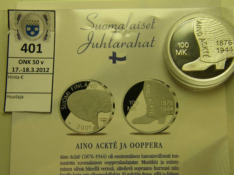 k-0401-a.jpg - Kohde 401, lhthinta: 25 € / myyntihinta: 36 € 100 mk 2001 Ag, Proof, Ackt, kapseli, tod, kunto: 10