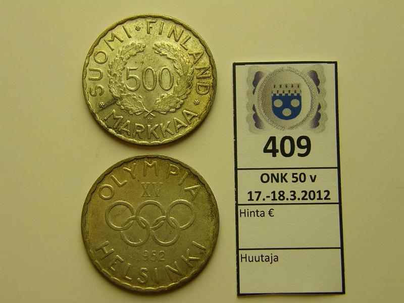 k-0409-a.jpg - Kohde 409, lhthinta: 30 € / myyntihinta: 38 € 500 mk 1952 (2) Ag, SNY 656.1, kunto: 7