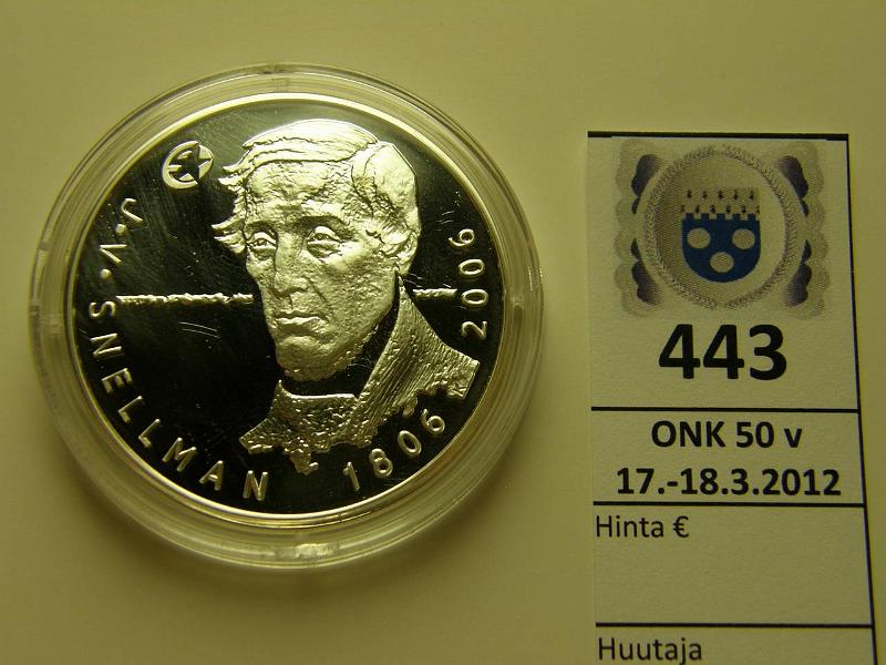 k-0443-a.jpg - Kohde 443, lhthinta: 15 € / myyntihinta: 23 € 10 € 2006 Ag, Proof, Snellman, kapseli, kunto: 10