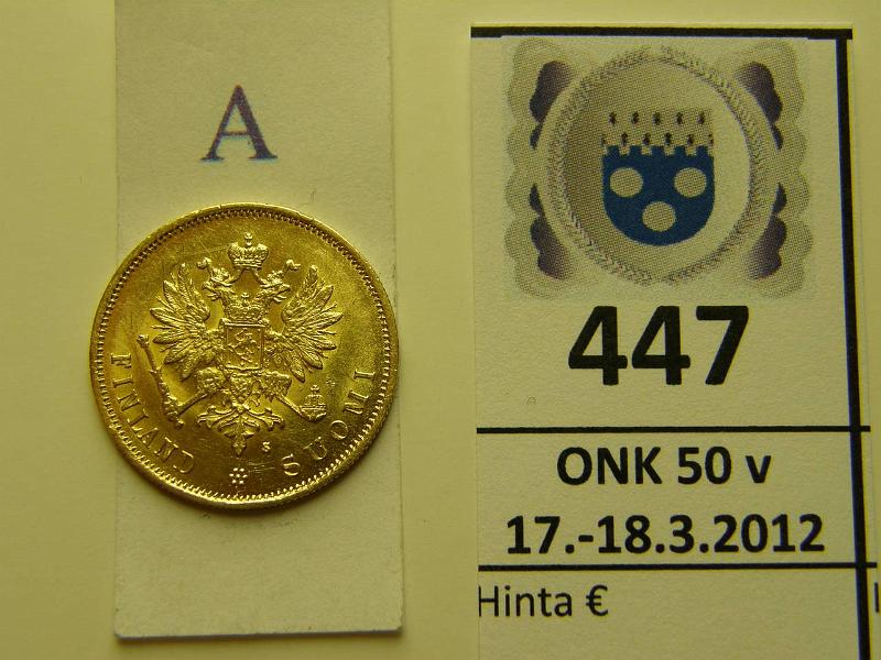 k-0447-a.jpg - Kohde 447 (kuva 1/2), lhthinta: 200 € / myyntihinta: 290 € 10 mk 1879 Au, kunto: 8