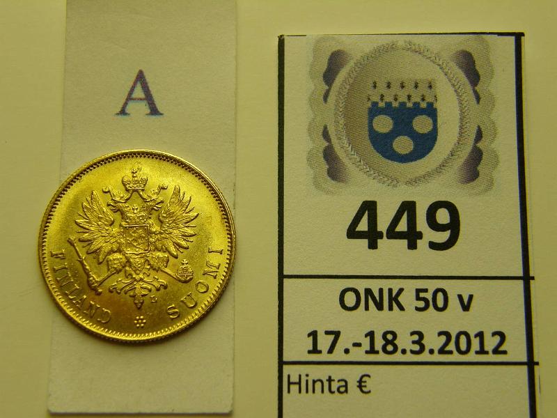 k-0449-a.jpg - Kohde 449 (kuva 1/2), lhthinta: 700 € / myyntihinta: 1100 € 10 mk 1904 Au, hnja, hp, kunto: 8