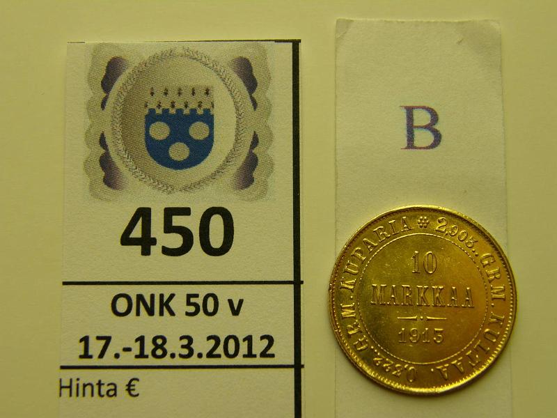 k-0450-b.jpg - Kohde 450 (kuva 2/2), lhthinta: 200 € / myyntihinta: 290 € 10 mk 1913 Au, kunto: 8